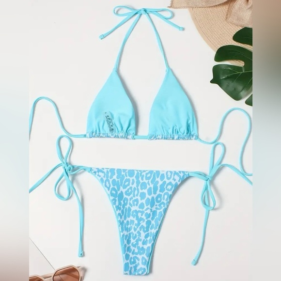 Blue Leopard Halter Tie Side Cheeky Bikini Set - Picture 5 of 12